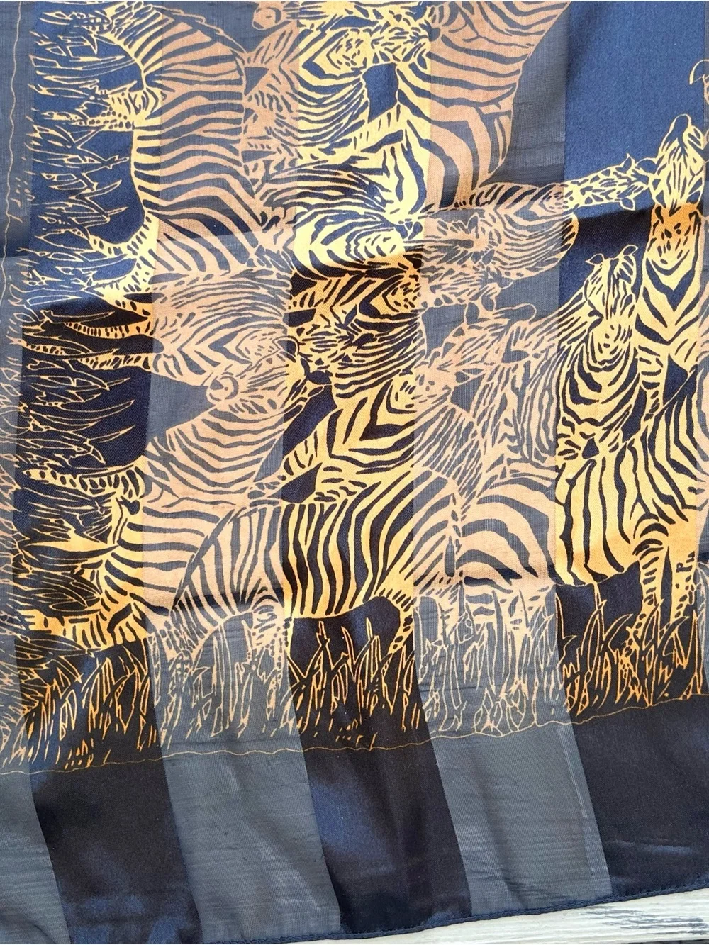 NWOT Silk-Feel Zebra Print Scarf in Black and Gold, Size: 38” x 38”